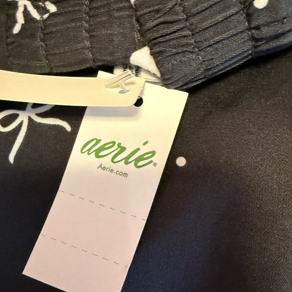 Aerie SET off Duty Satin Bow Pajama Set Shirt +  Pant Black Size NWT - Picture 5 of 12